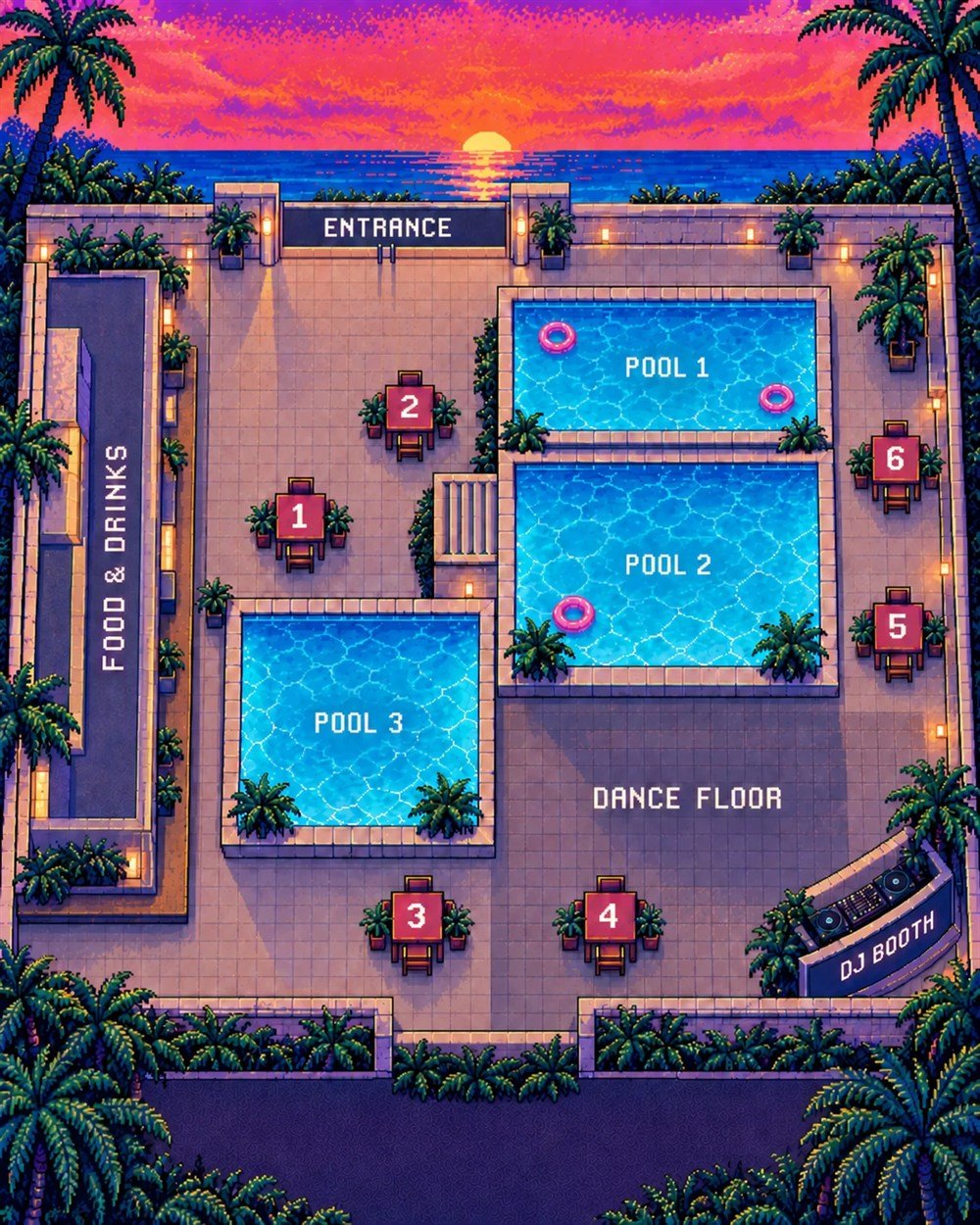 Pixel Paradise venue map: entrance at the top, food and drinks bar on the left, three pools and six numbered VIP tables around them, dance floor and DJ booth at the bottom right